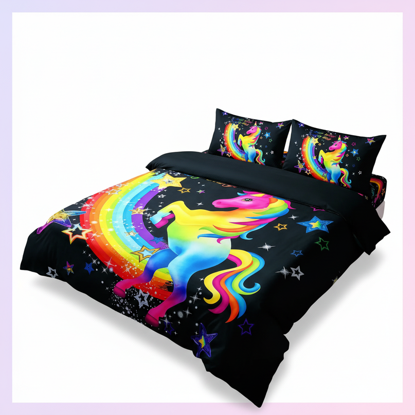 neon rainbow rearing unicorn bedding - white-bg