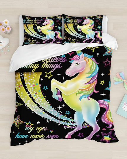 neon star trail unicorn bedding - flat-lay