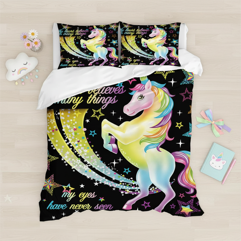 neon star trail unicorn bedding - flat-lay
