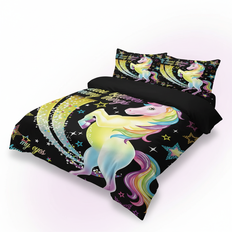 neon star trail unicorn bedding - white-bg
