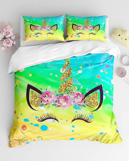 neon unicorn bedding - flat-lay
