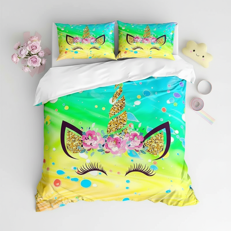 neon unicorn bedding - flat-lay