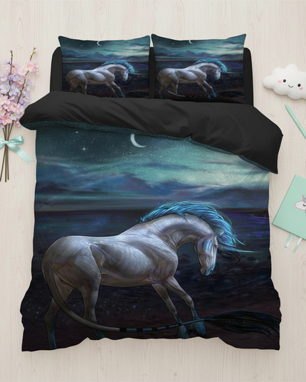 ocean moon unicorn bedding - flat-lay