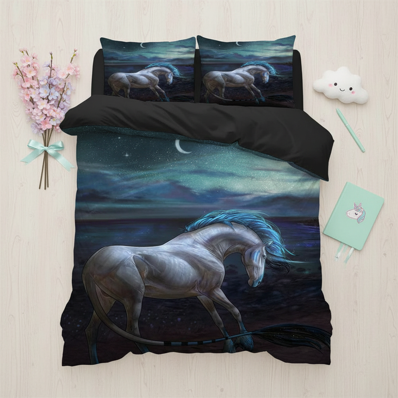 ocean moon unicorn bedding - flat-lay