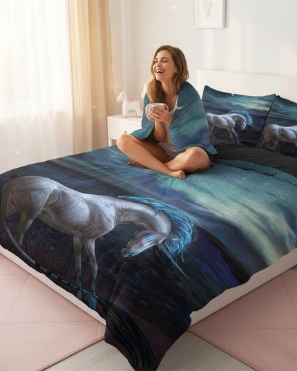 ocean moon unicorn bedding - in-use