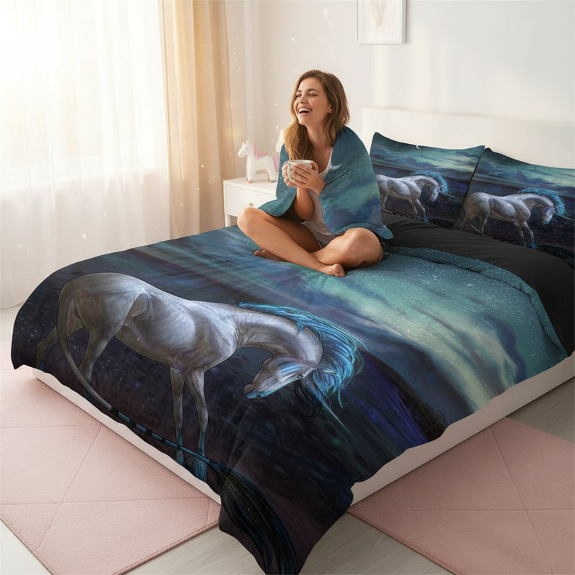 ocean moon unicorn bedding - in-use