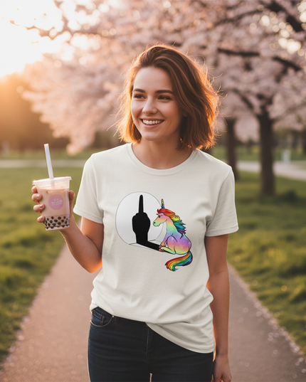 off white unicorn shirt - in-use