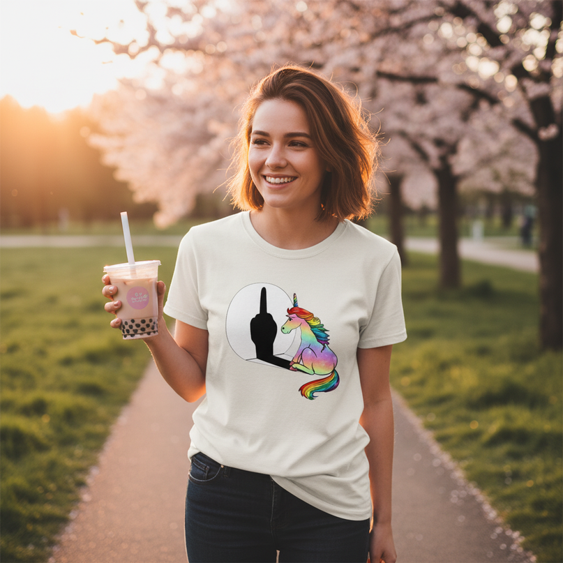 off white unicorn shirt - in-use