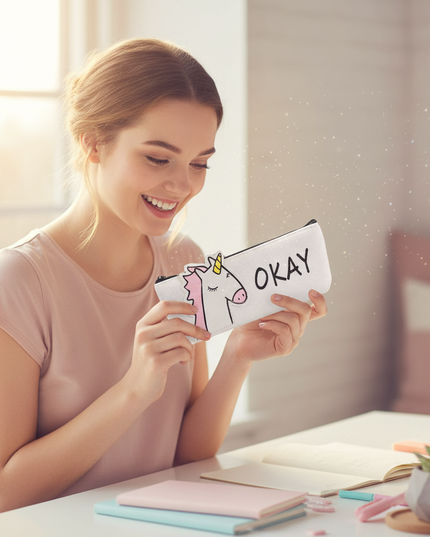 okay unicorn pencil case - in-use