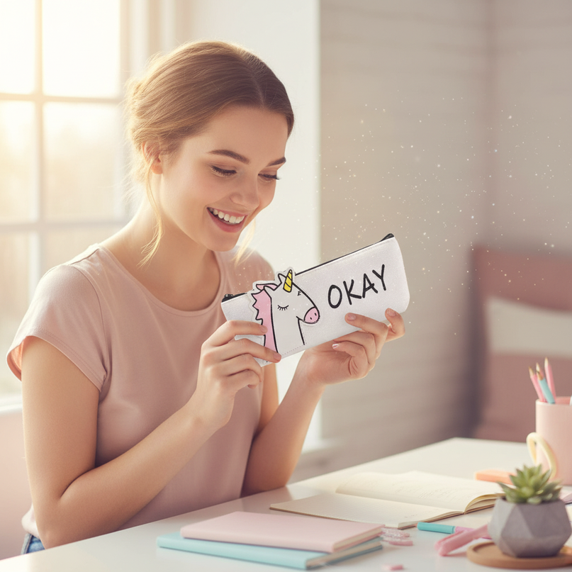 okay unicorn pencil case - in-use