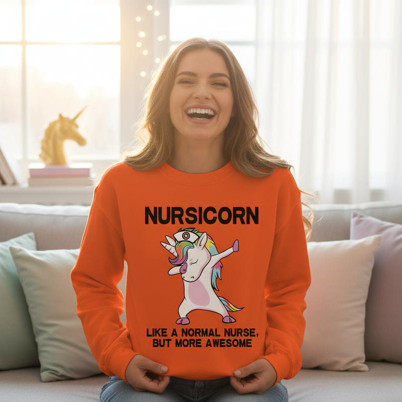 orange nursicorn sweater - in-use