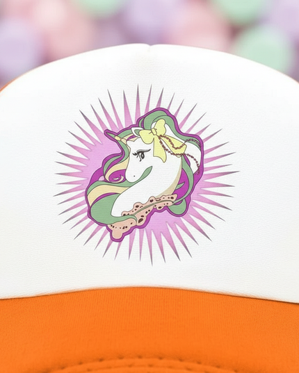 orange unicorn cap - detail