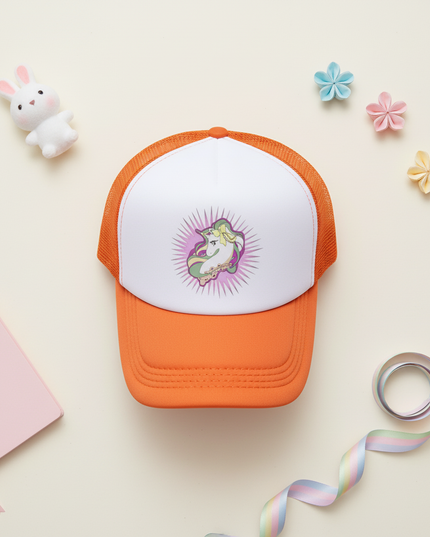 orange unicorn cap - flat-lay