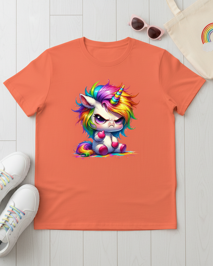 orange unicorn cartoon shirt - flat-lay