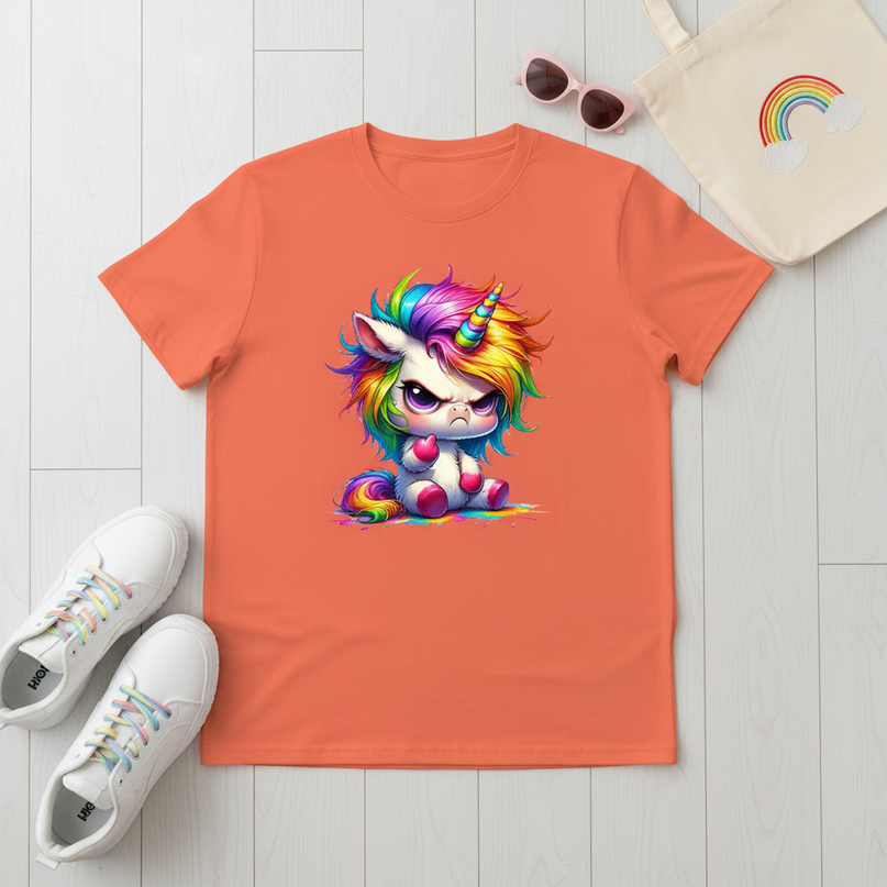 orange unicorn cartoon shirt - flat-lay