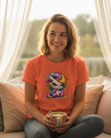orange unicorn cartoon shirt - in-use