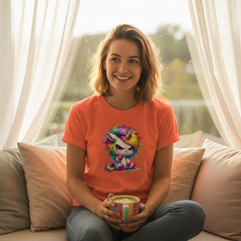 orange unicorn cartoon shirt - in-use