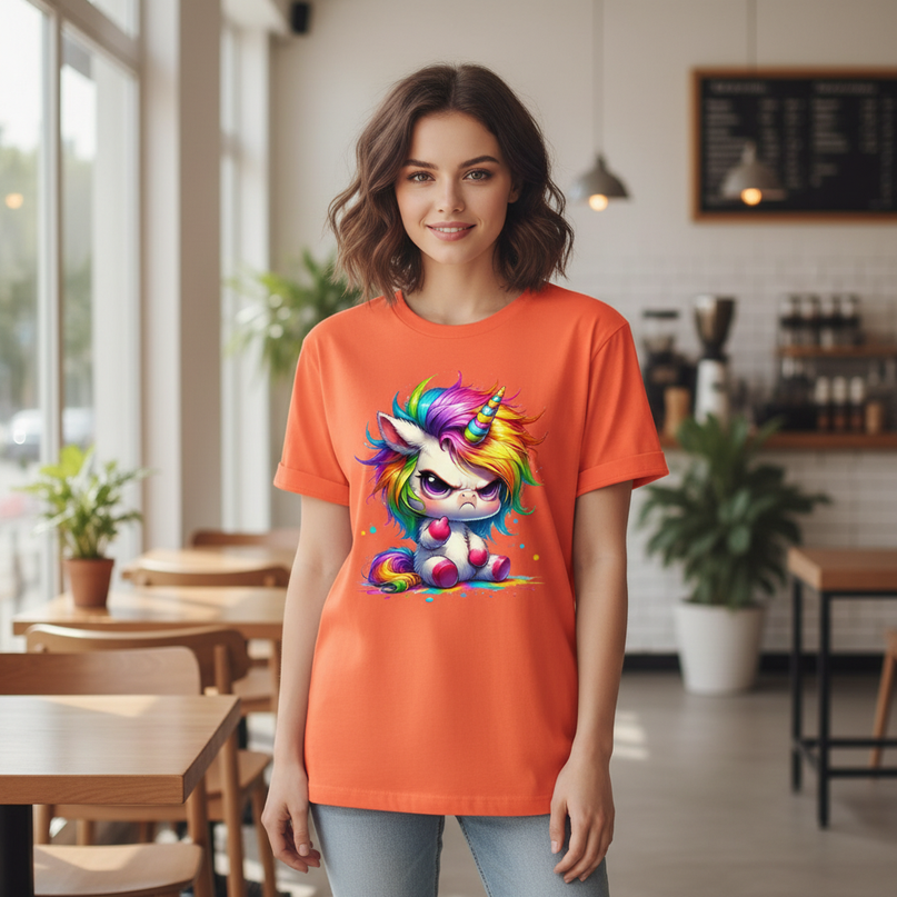orange unicorn cartoon shirt - lifestyle