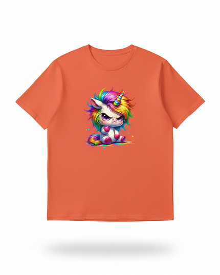 orange unicorn cartoon shirt - white-bg