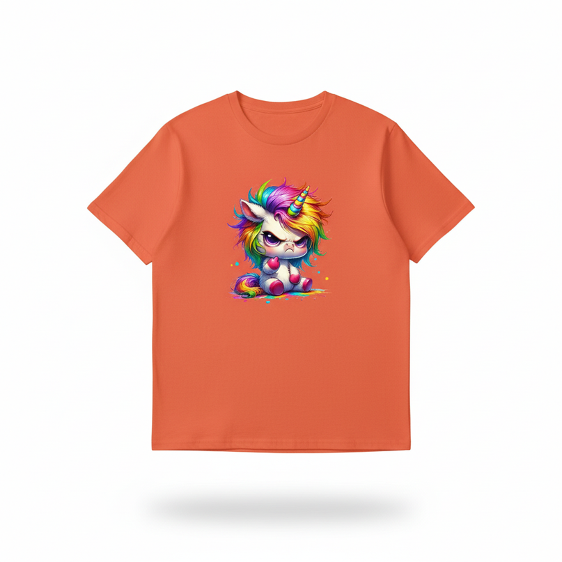 orange unicorn cartoon shirt - white-bg