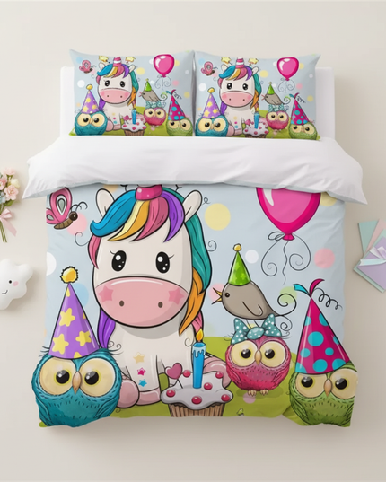 owl balloon party unicorn bedding - flat-lay