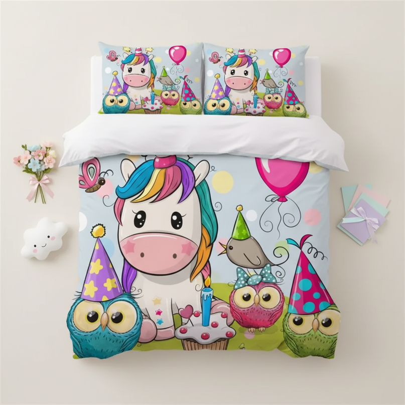 owl balloon party unicorn bedding - flat-lay