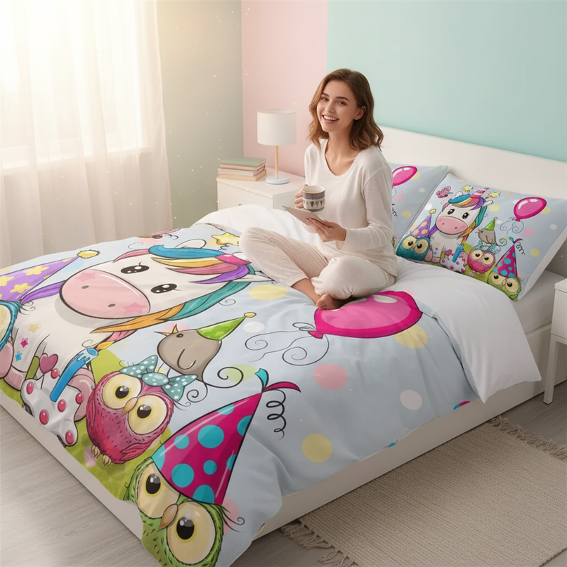 owl balloon party unicorn bedding - in-use