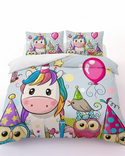 owl balloon party unicorn bedding - white-bg