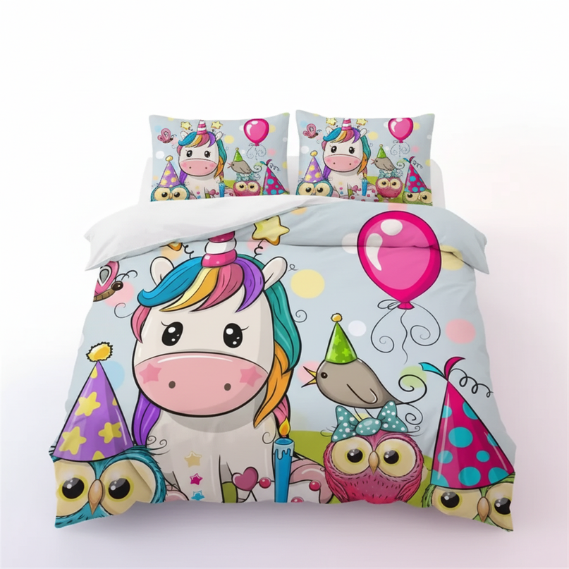 owl balloon party unicorn bedding - white-bg