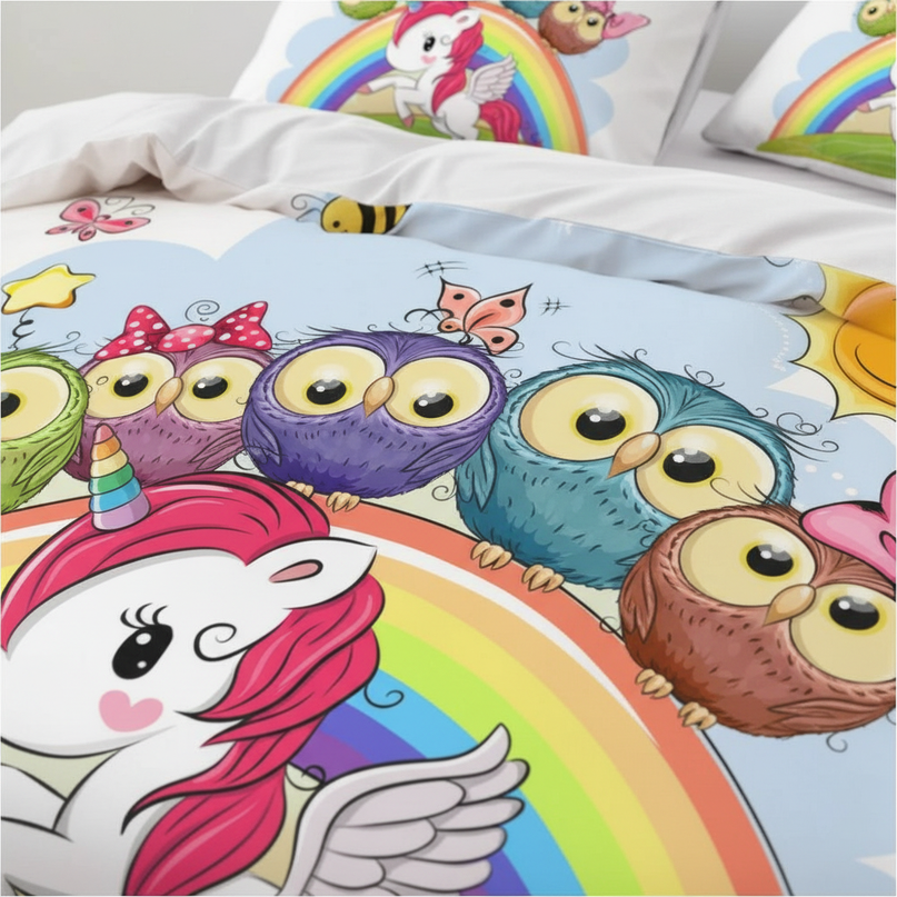 owl friends rainbow unicorn bedding - detail
