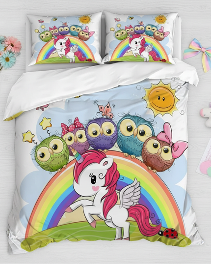 owl friends rainbow unicorn bedding - flat-lay