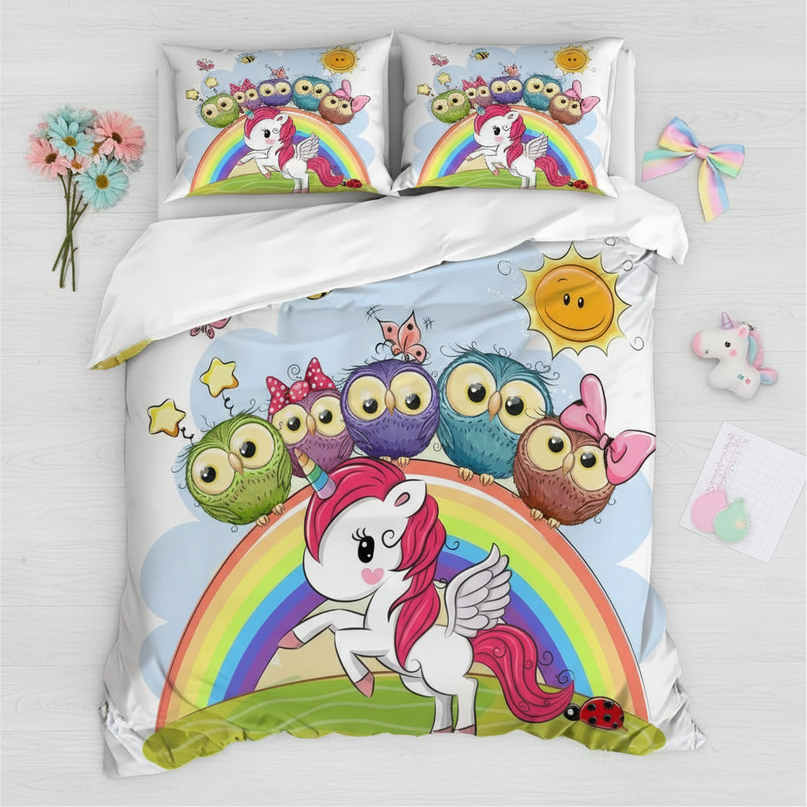 owl friends rainbow unicorn bedding - flat-lay