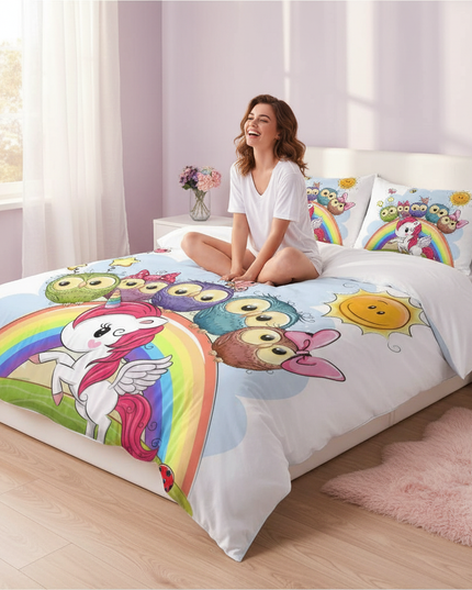 owl friends rainbow unicorn bedding - in-use