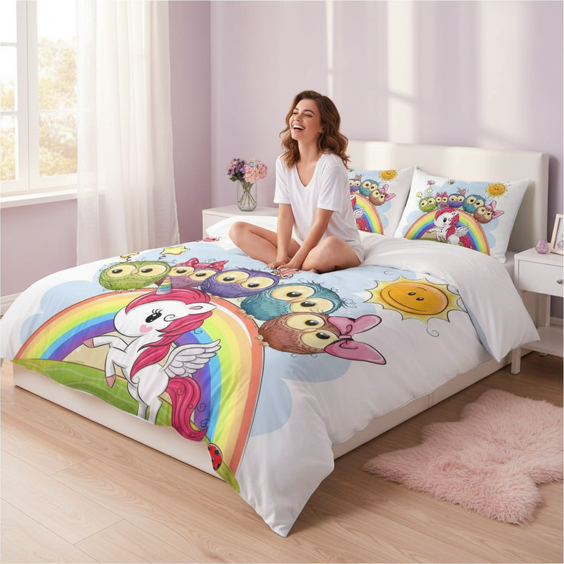 owl friends rainbow unicorn bedding - in-use