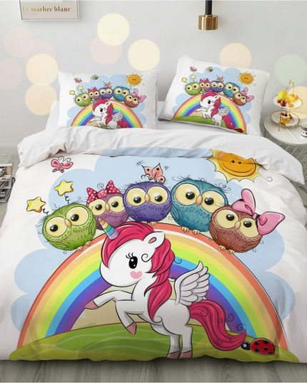 owl friends rainbow unicorn bedding - lifestyle