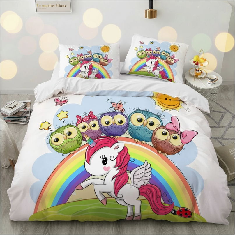 owl friends rainbow unicorn bedding - lifestyle