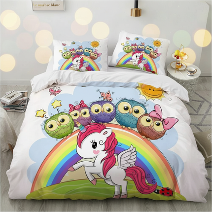 owl friends rainbow unicorn bedding - lifestyle