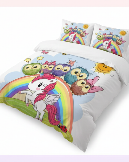 owl friends rainbow unicorn bedding - white-bg