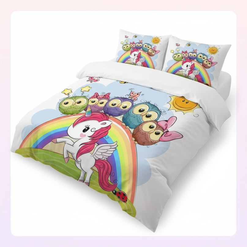 owl friends rainbow unicorn bedding - white-bg