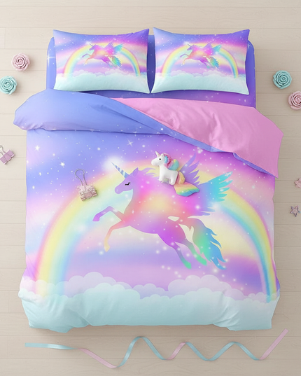 pastel cloud pegasus bedding - flat-lay