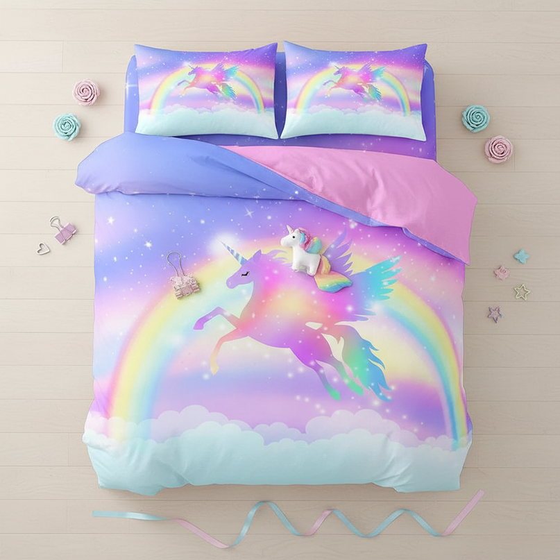 pastel cloud pegasus bedding - flat-lay