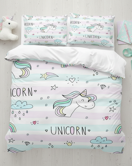pastel doodle unicorn bedding - flat-lay