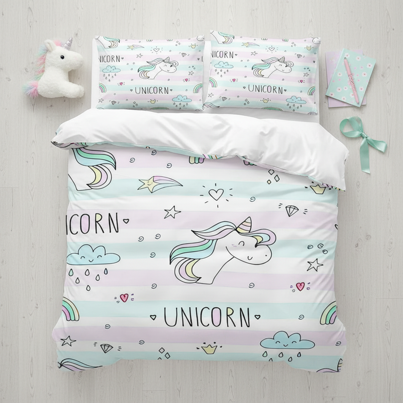pastel doodle unicorn bedding - flat-lay