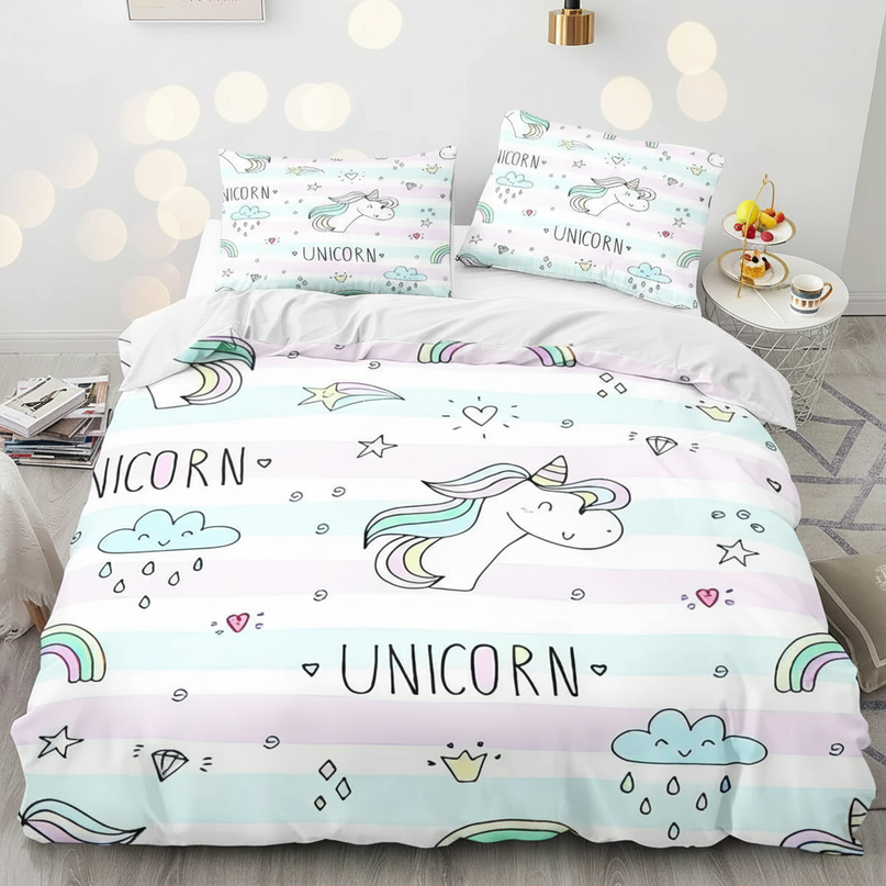 pastel doodle unicorn bedding - lifestyle