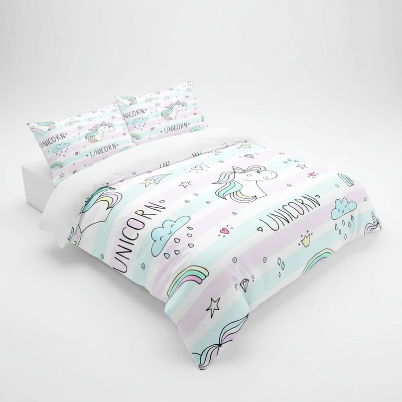 pastel doodle unicorn bedding - white-bg