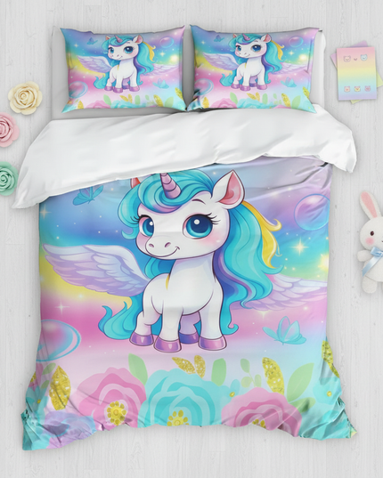 pastel garden chibi unicorn bedding - flat-lay