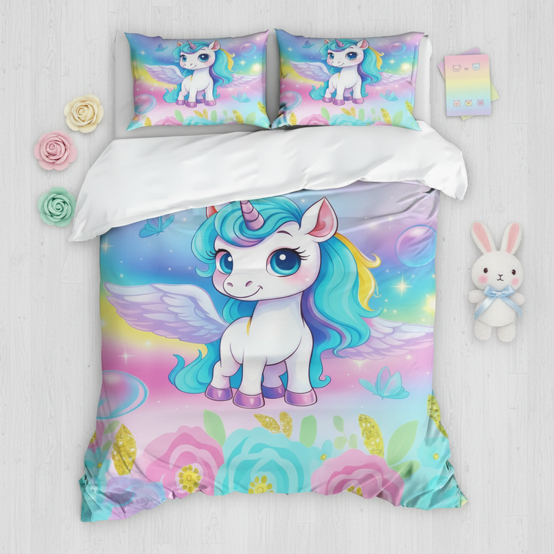 pastel garden chibi unicorn bedding - flat-lay