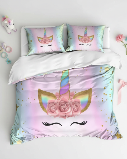 pastel lashes unicorn bedding - flat-lay