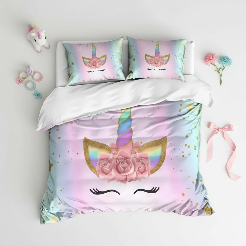 pastel lashes unicorn bedding - flat-lay
