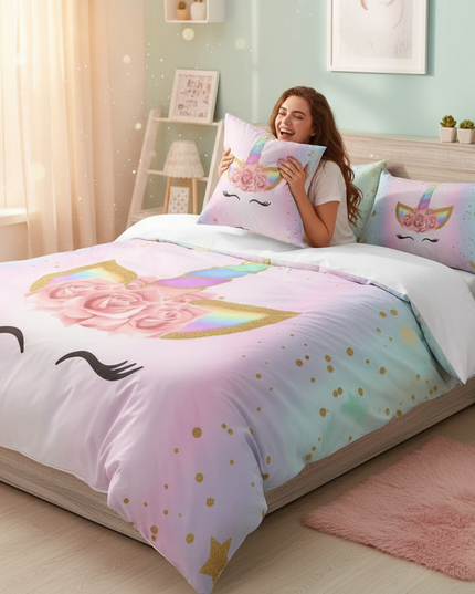 pastel lashes unicorn bedding - in-use